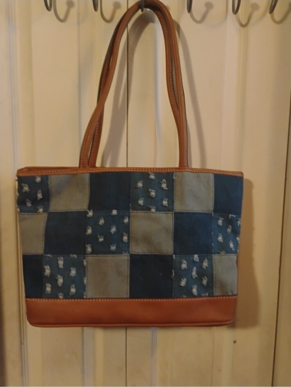 Bueno Blue Denim Patchwork Tote Bag Brown Faux Leather Trim Purse